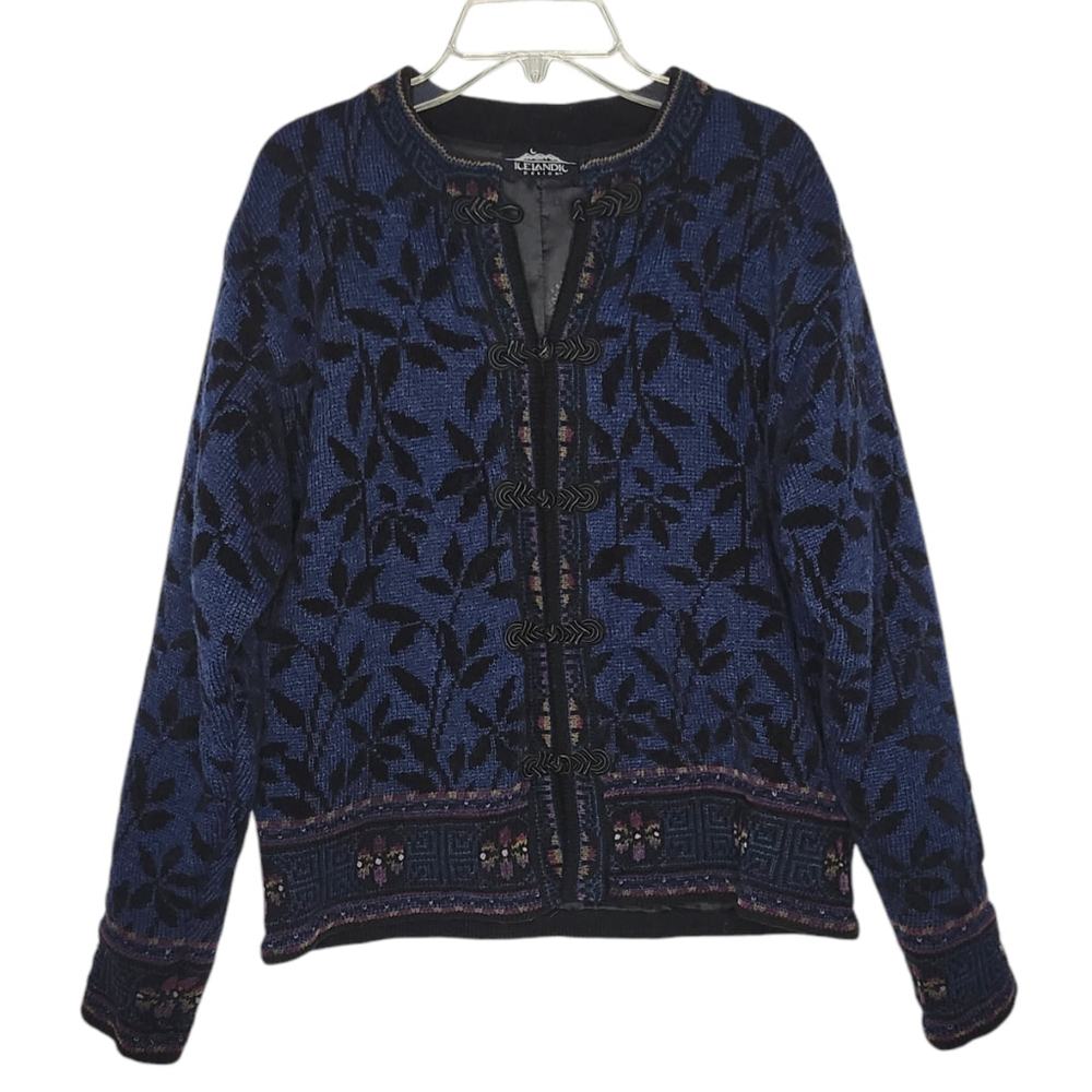 Women's Icelandic Design Nordic Style Cardigan Sweater, Size S, Blue Wool Blend